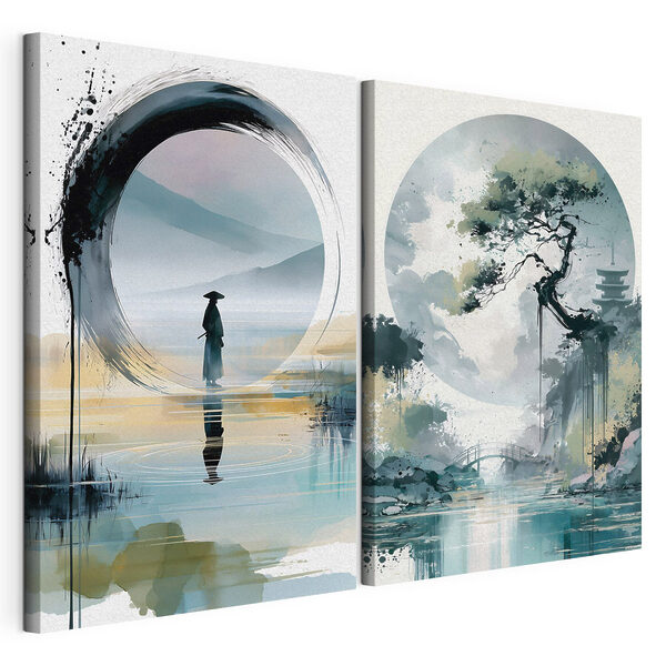 Painting of a man standing in water and a tree