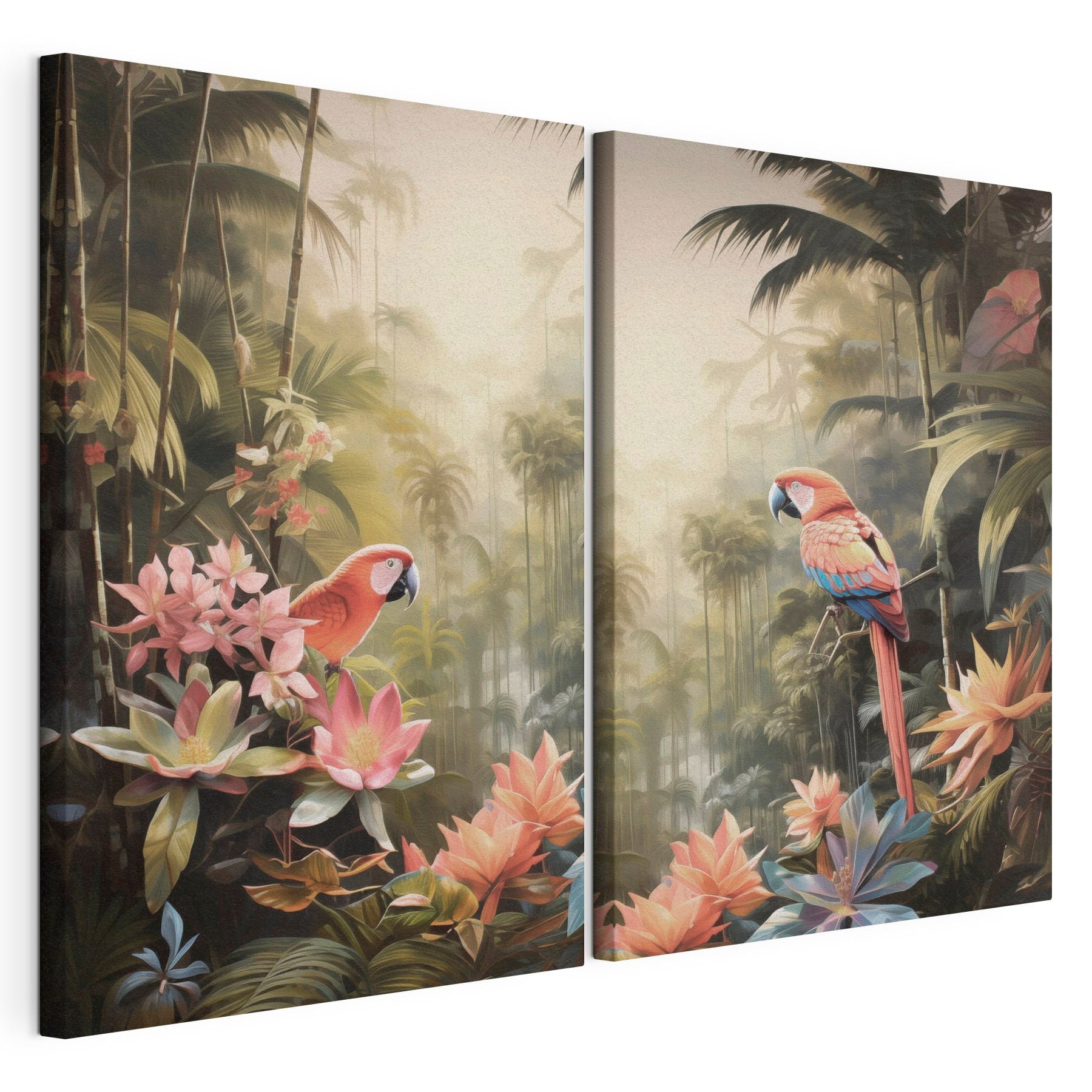 Couple of parrots on a tree branch in a forest
