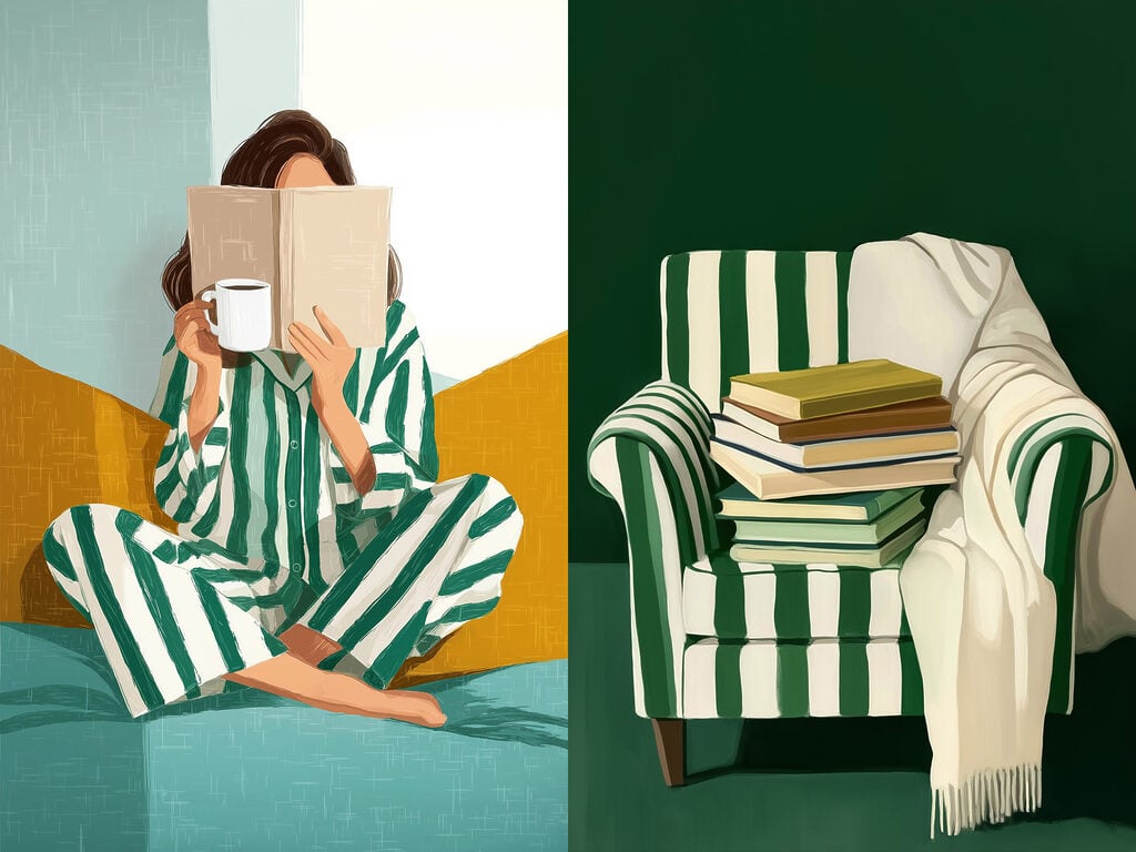 Woman in pajamas reading a book and a pile of books