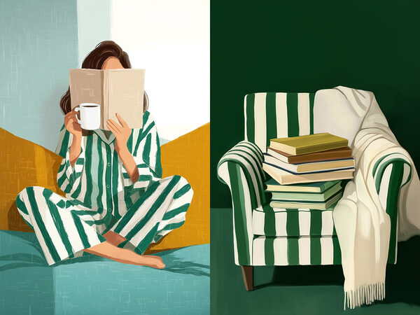 Woman in pajamas reading a book and a pile of books