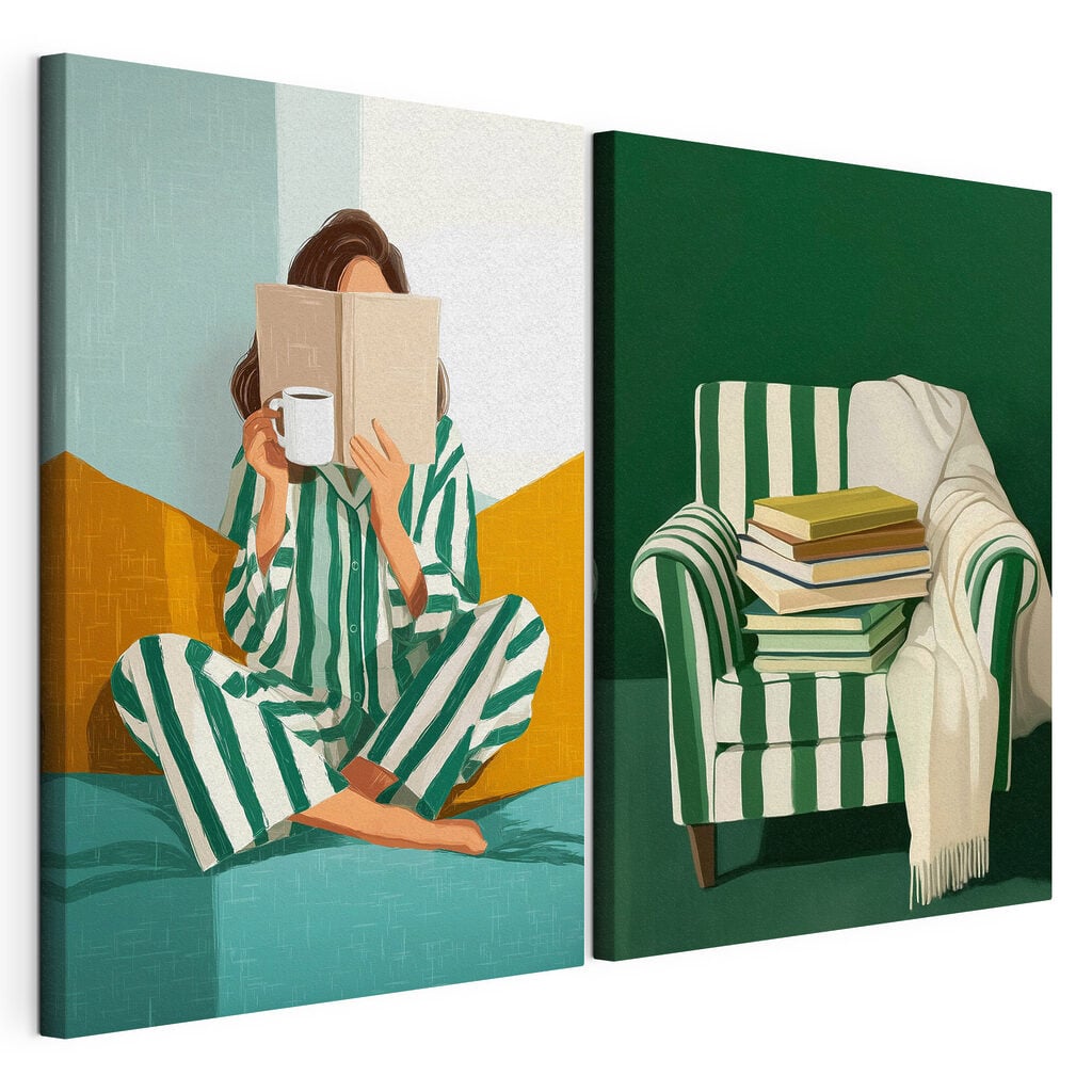 Woman in pajamas reading a book and a pile of books