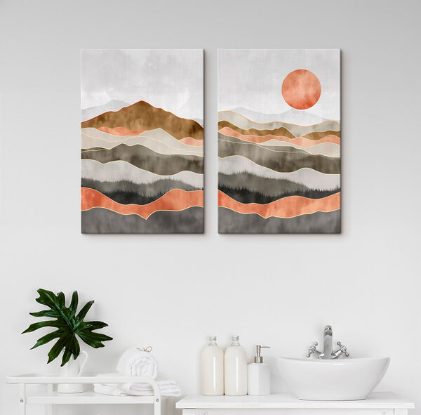 Painting of hills and sun