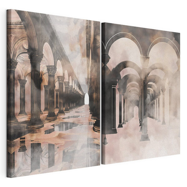 Lámina modular sobre lienzo Collage de un pasillo con columnas y un charco de agua