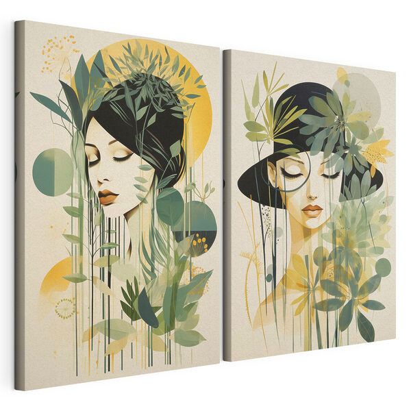 Two images of a woman with leaves