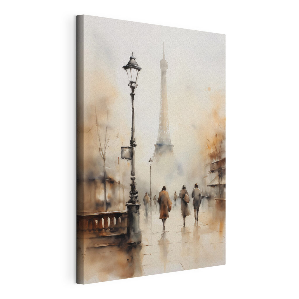Watercolor of people walking on a sidewalk