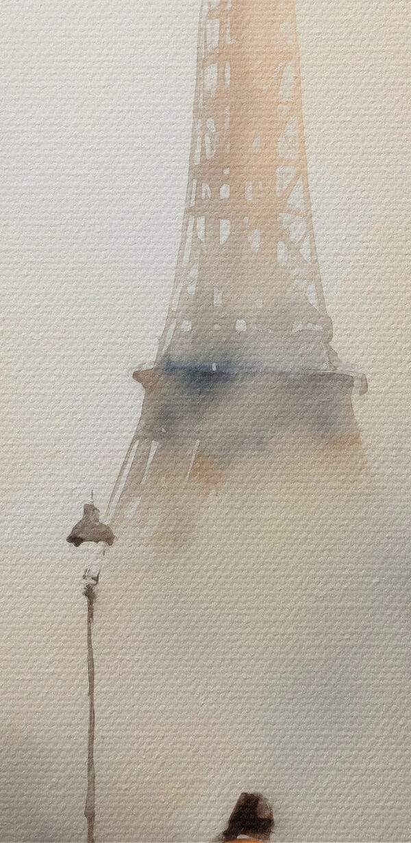 Watercolor of people walking on a sidewalk