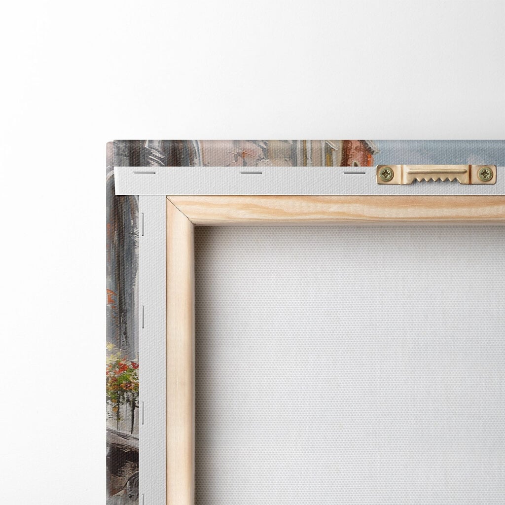 Painting of a canal with a gondola in the middle of a city