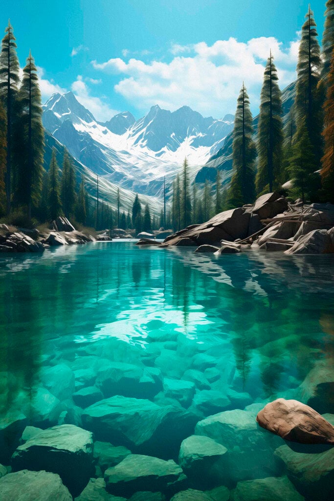 Mountain lake with trees and rocks