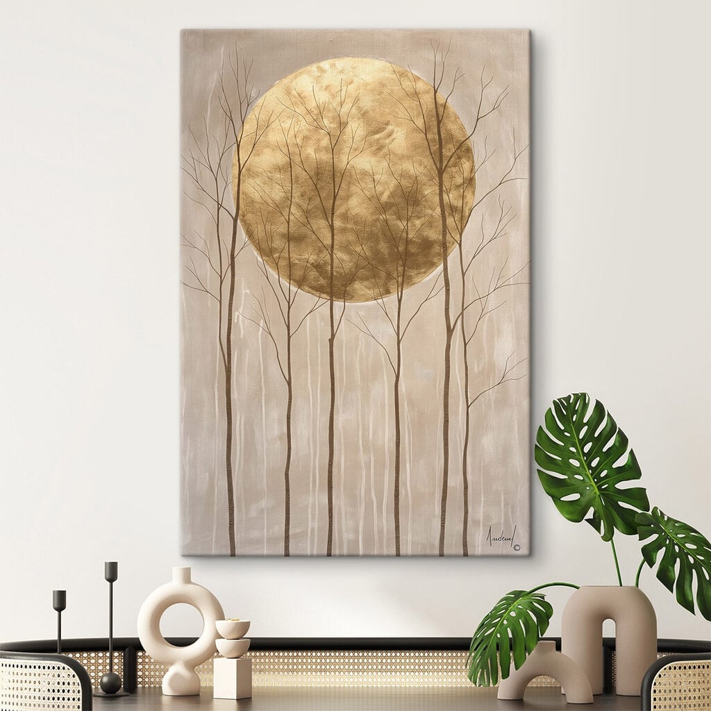Painting of trees and a large moon