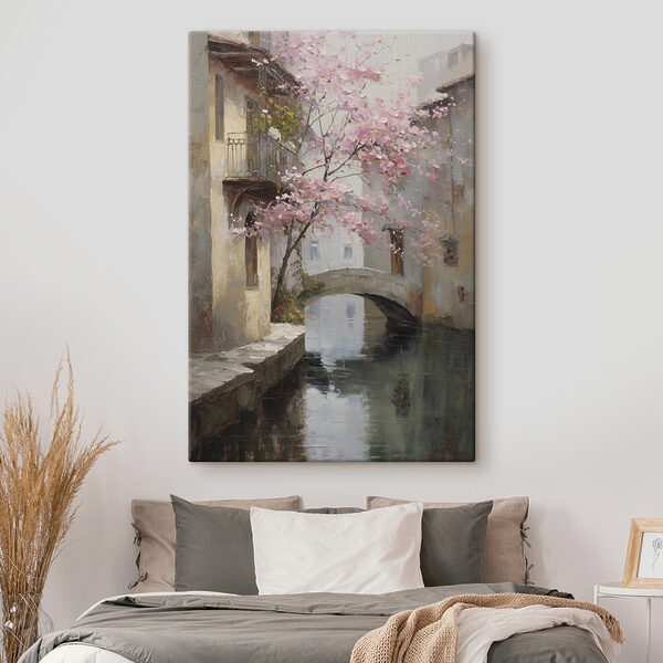 Cuadros Cuadro de un río con un árbol rosa y un puente