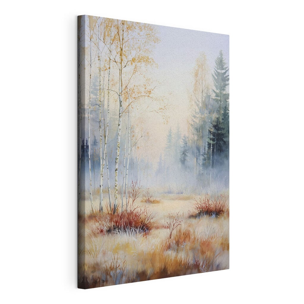 Painting of a forest with fog