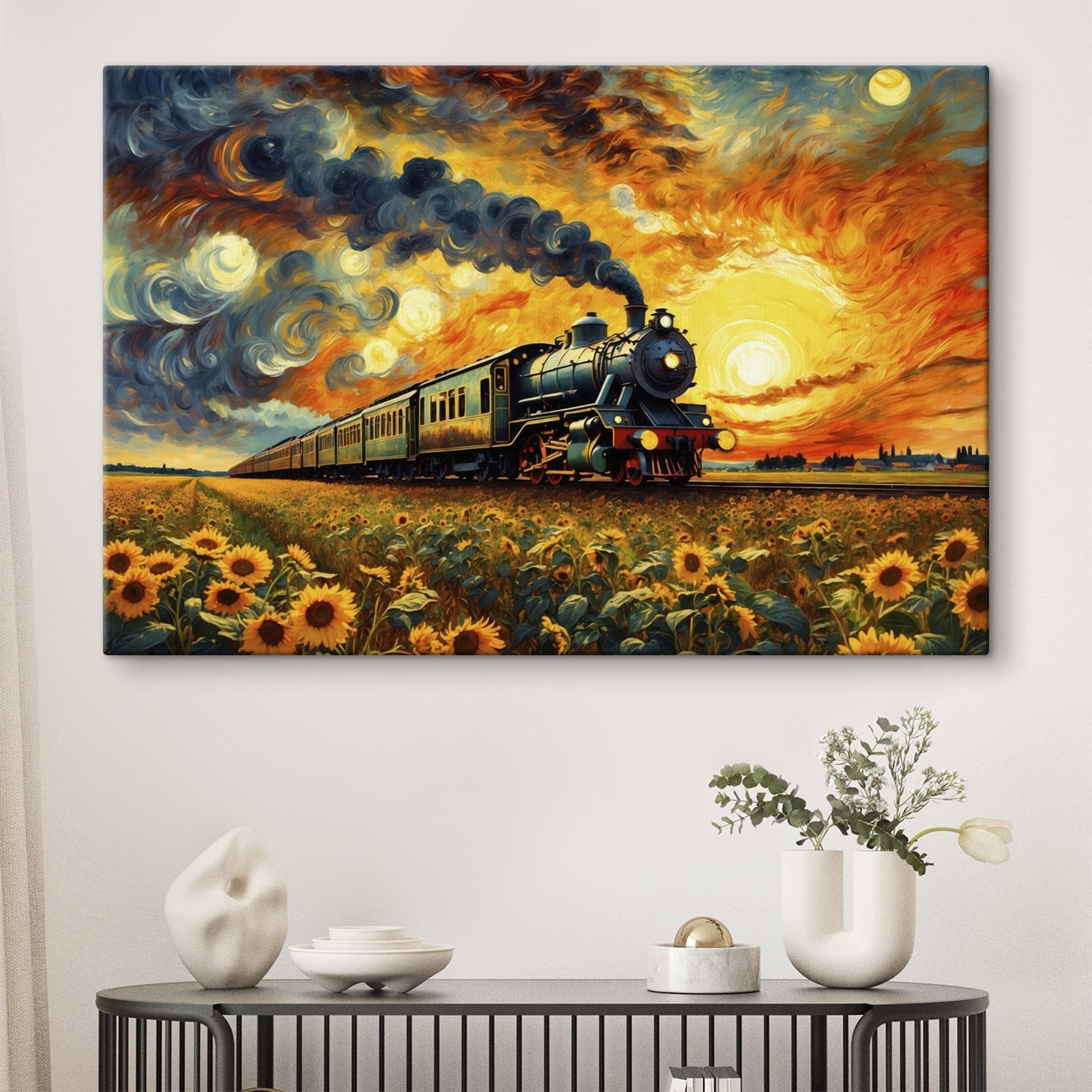 Train on the tracks with sunflowers and smoke coming out of the engine