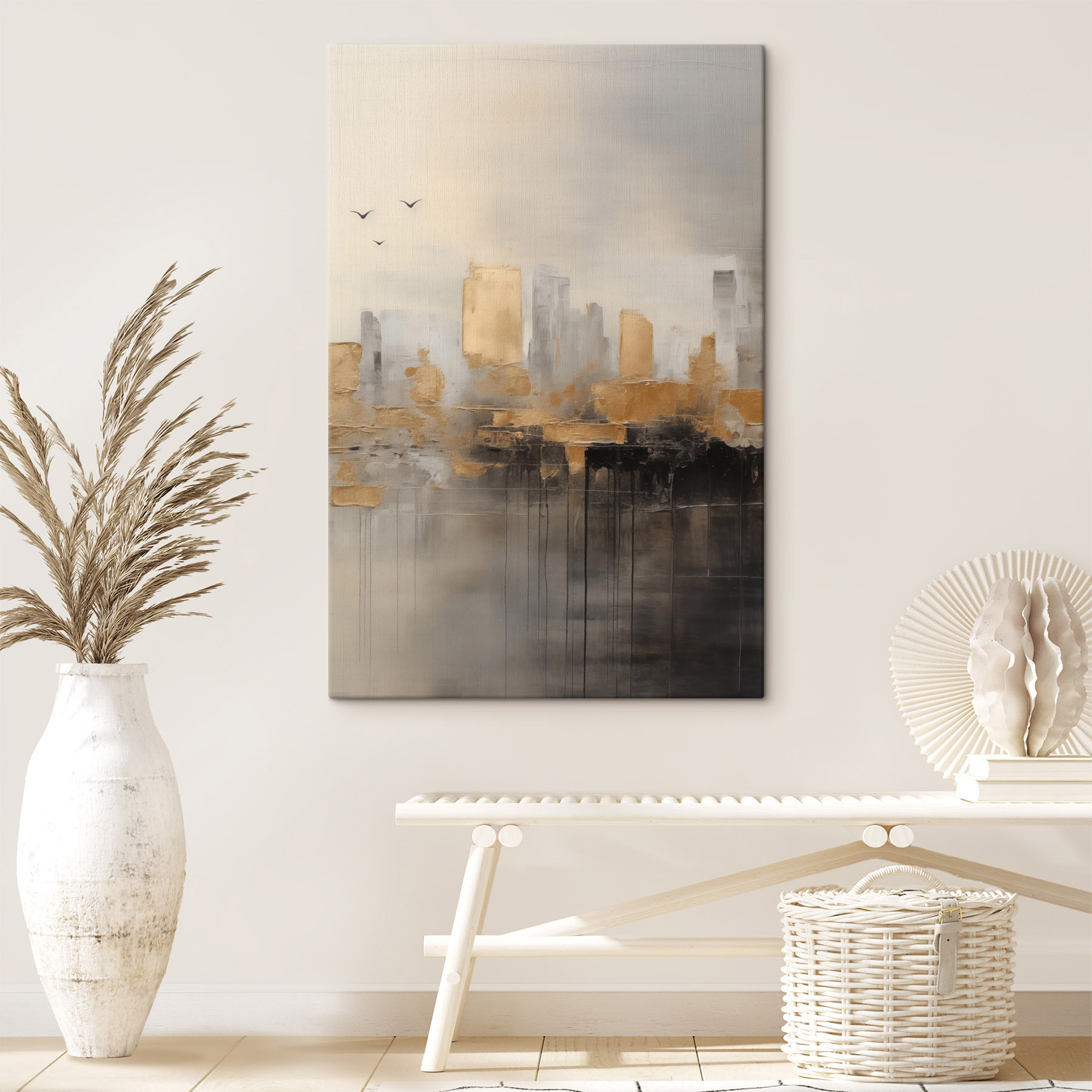 Painting of a city with birds flying in the sky