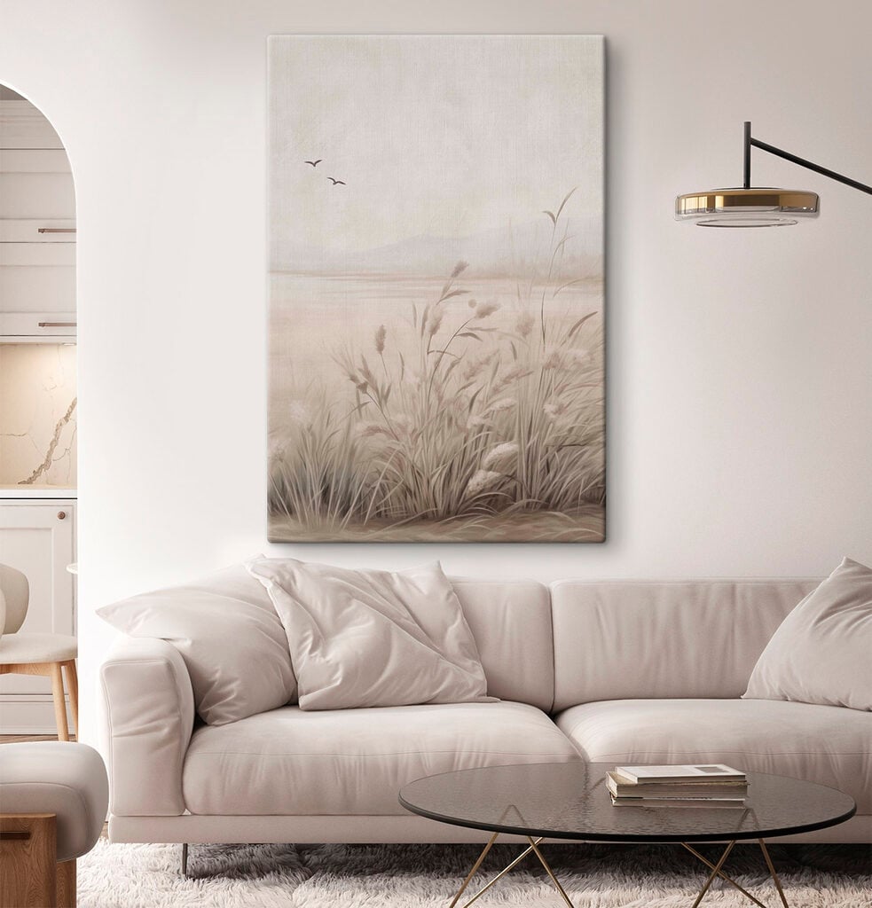 Painting of a field of grass and birds flying in the sky