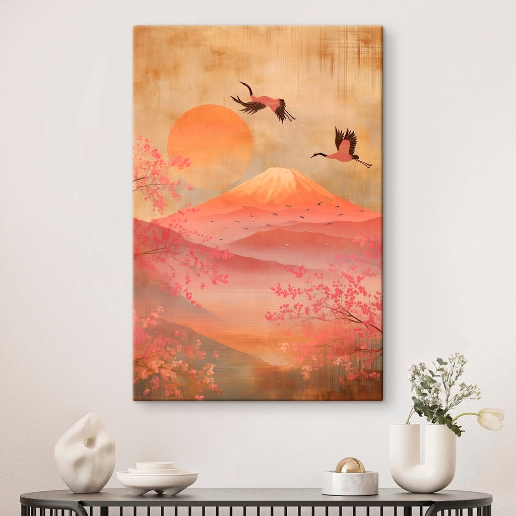 Painting of a mountain with a bird flying over it