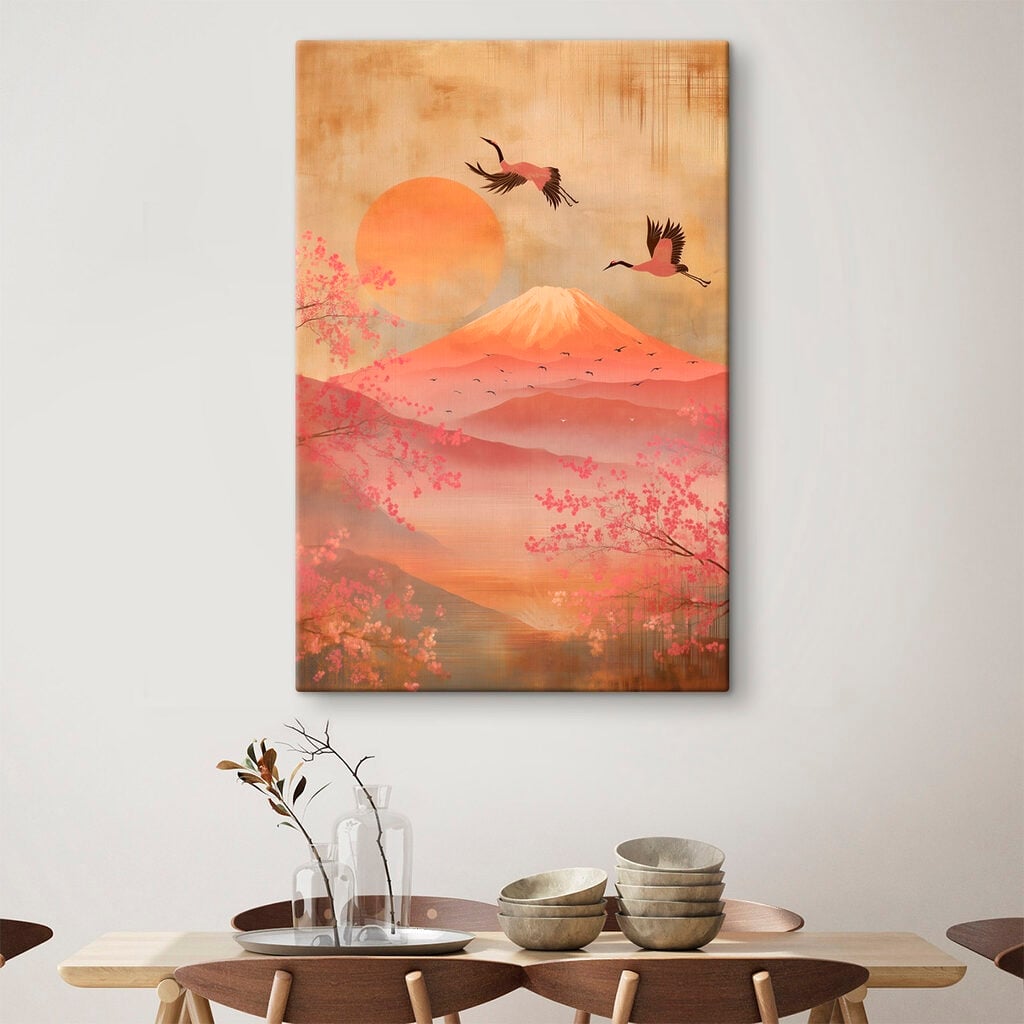 Painting of a mountain with a bird flying over it