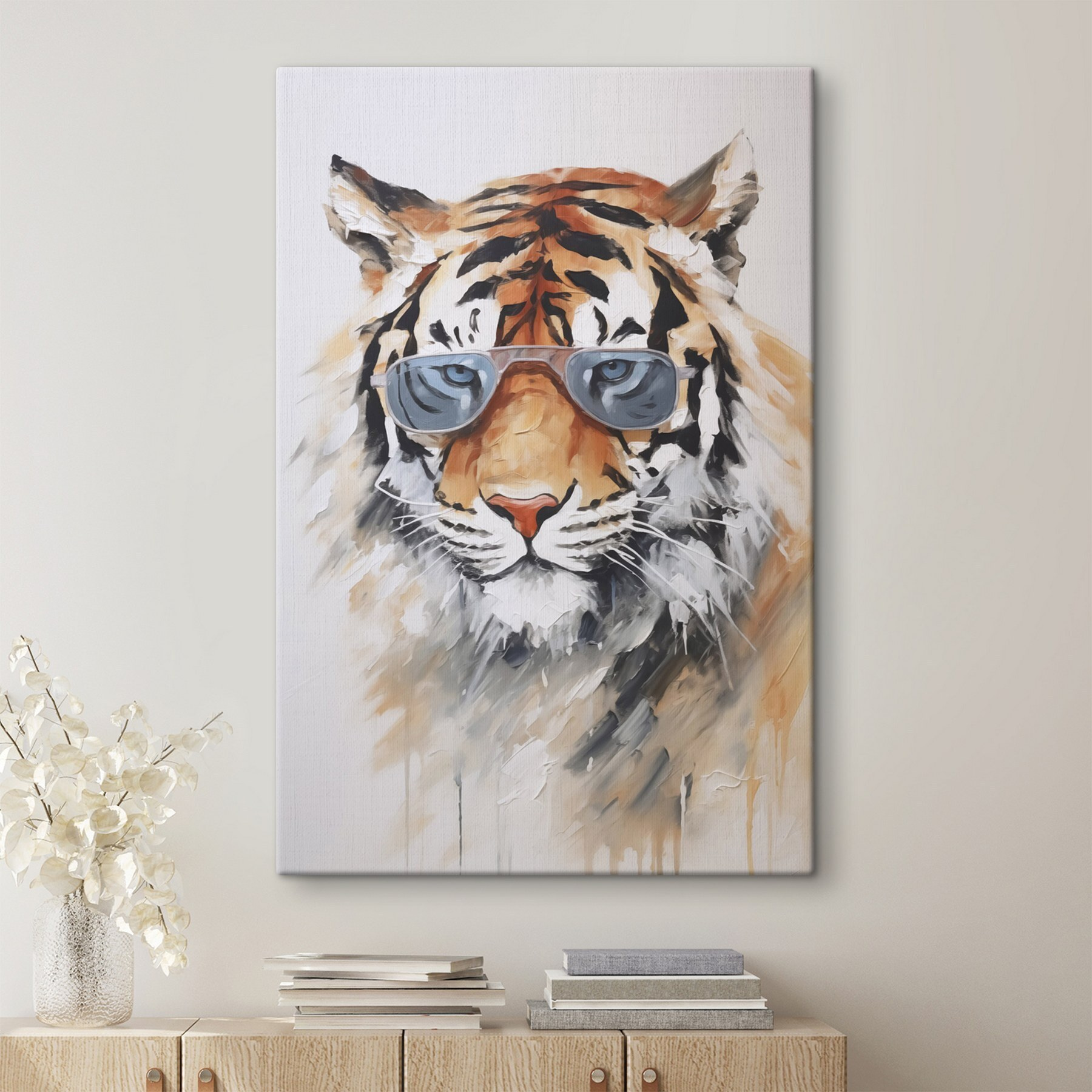 Painting of a tiger wearing sunglasses