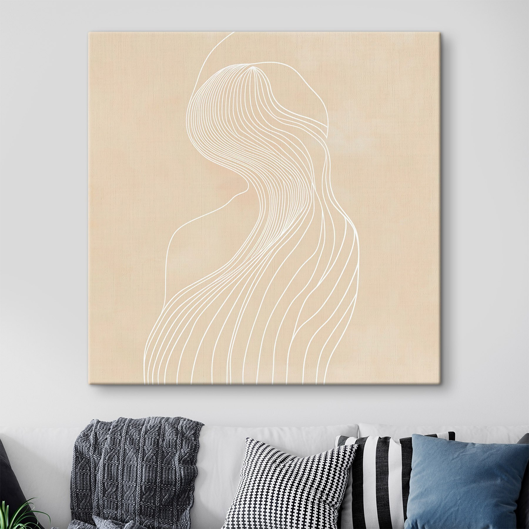 White line drawing of a woman