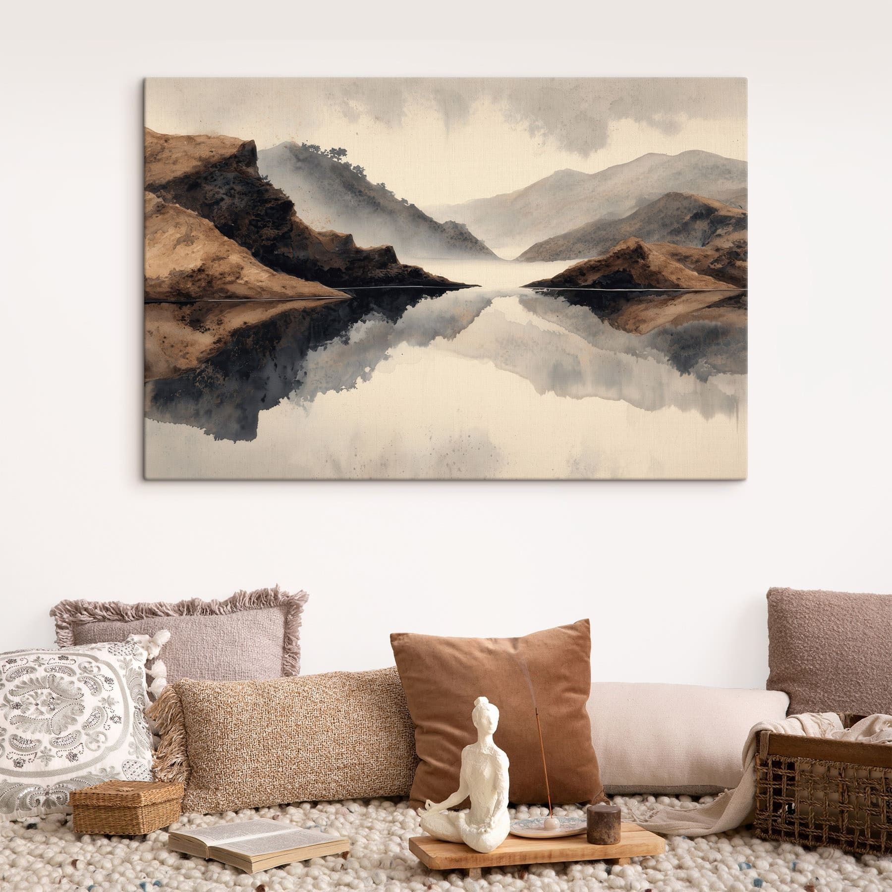 Water with mountains and fog