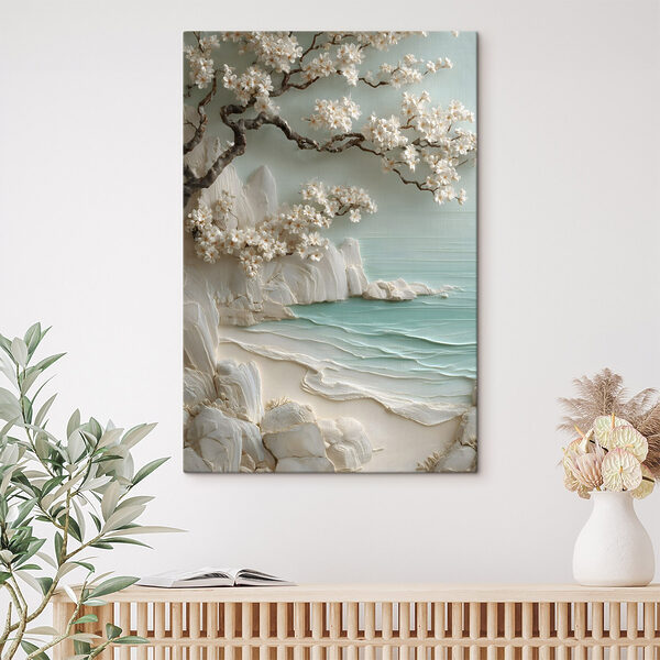 Cuadros Cuadros Cuadro de una playa con flores blancas y un árbol (SKU: s49248)