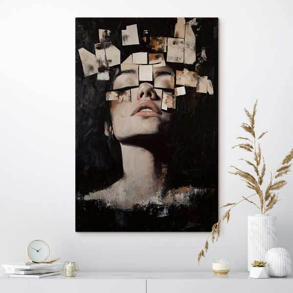 Cuadros Cuadros Mujer con muchos trozos de papel cuadrados sobre la cara (SKU: s49282)