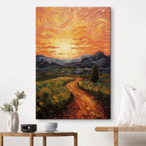 Cuadros Cuadros Cuadro que representa una carretera que atraviesa un campo, con montañas y el sol (SKU: s49478)
