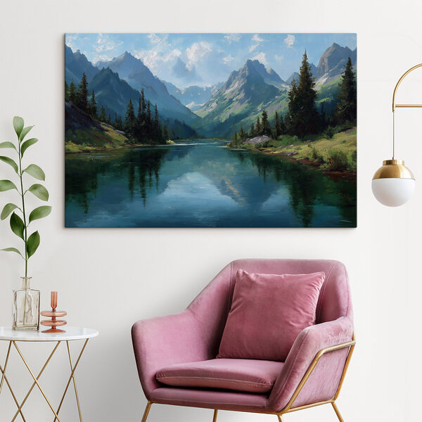 Cuadros Cuadros Río con árboles y montañas al fondo (SKU: s49632)