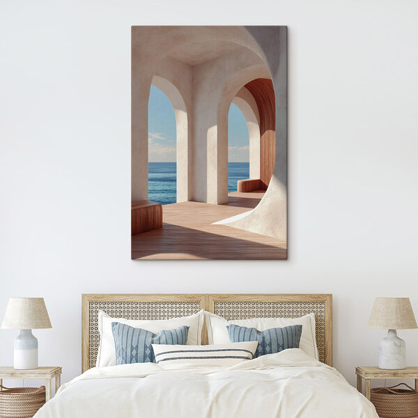 Cuadros Cuadros Edificio blanco con ventanas en arco y suelos de madera (SKU: s49647)