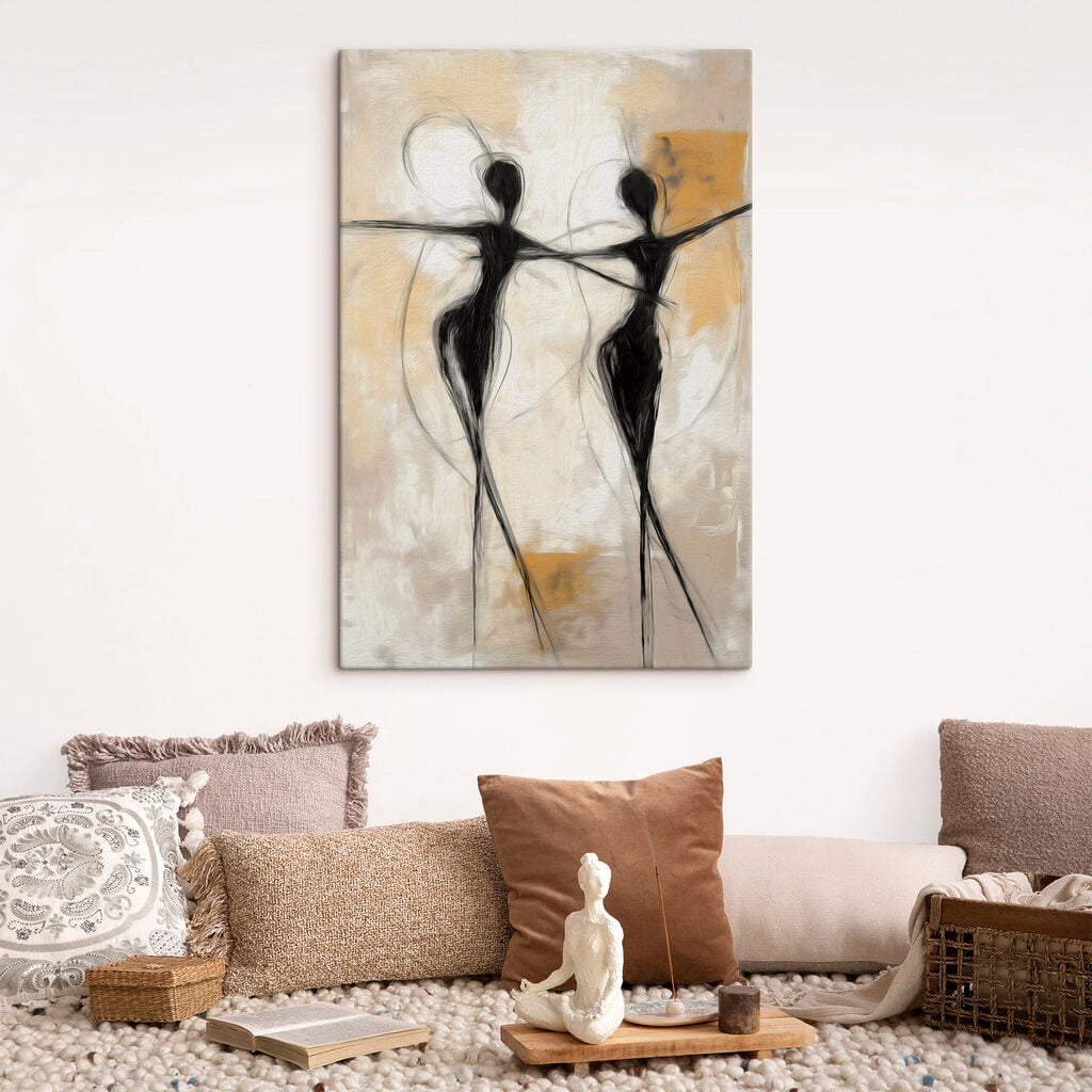 Black and white painting of two women dancing