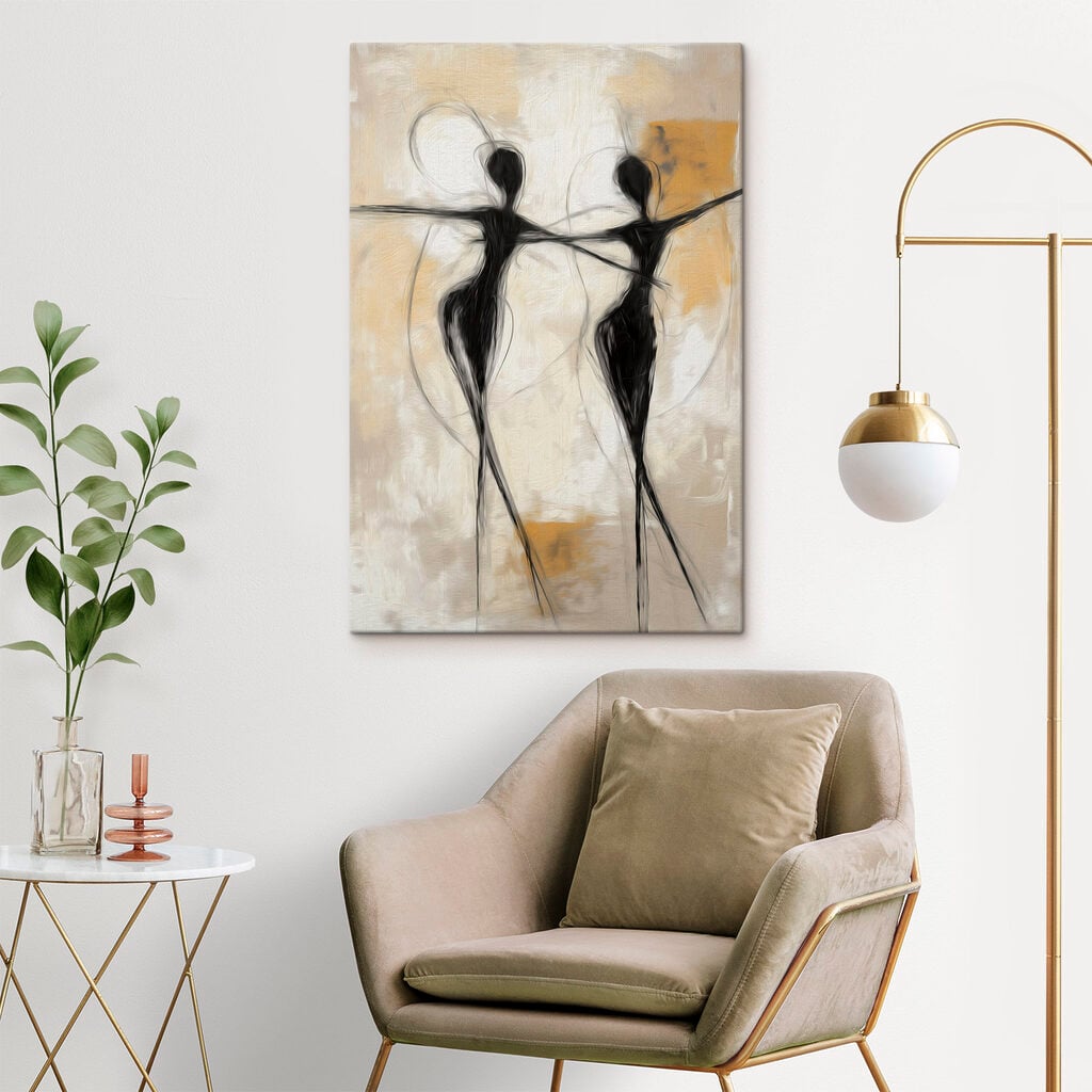 Black and white painting of two women dancing