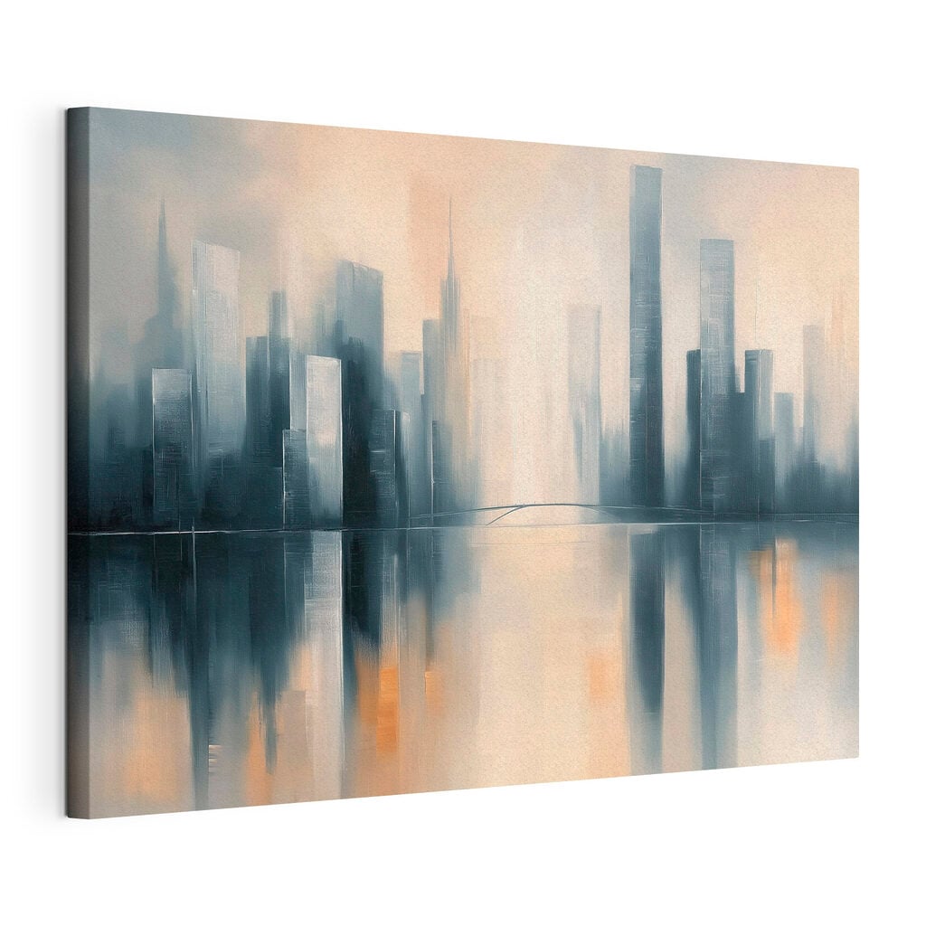 City skyline with tall buildings reflected in water