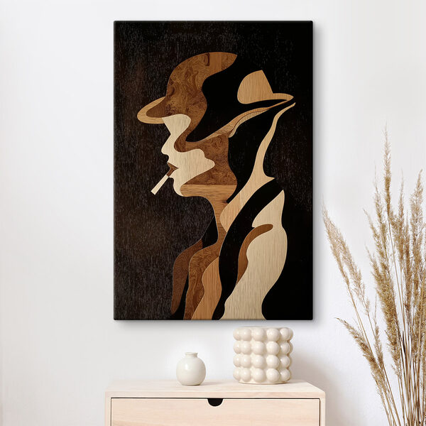 Wood carving of a man smoking a cigarette