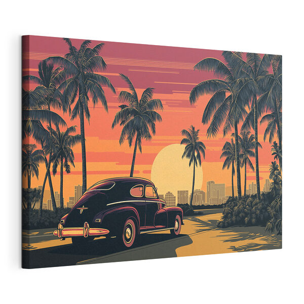 Car parked on a road with palm trees and a city in the background