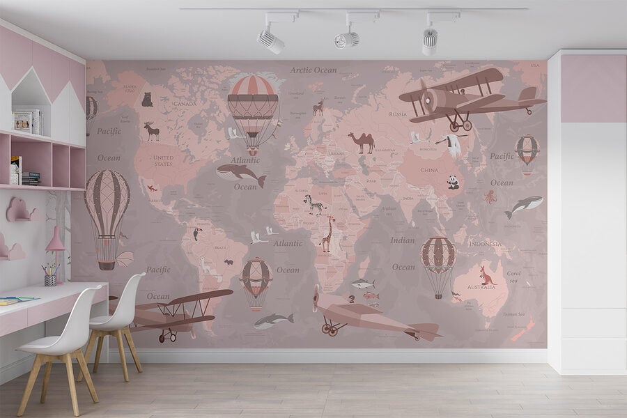 Un mapa del mundo con aviones y globos aerostáticos